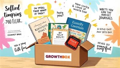 An artistic representation of a subscription box filled with motivational books, journals, and self-improvement tools, adorned with inspiring quotes and vibrant colors, conveying the transformative and enriching experience of receiving a GrowthBox.