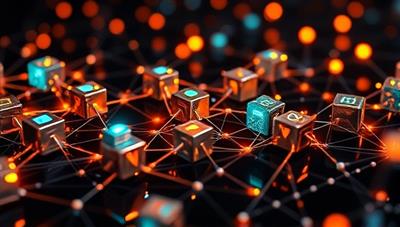 An innovative visualization of interconnected blockchain blocks forming a digital ledger, with financial data flowing securely between them, symbolizing trust, security, and efficiency in accounting processes.