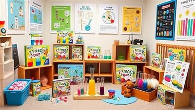 An array of colorful science experiment kits displayed in a child's playroom, with test tubes, beakers, and educational posters, creating a fun and educational atmosphere that sparks curiosity and scientific exploration in young learners.