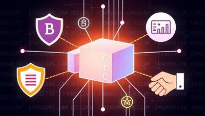 A digital illustration of interconnected blocks representing smart contracts, surrounded by insurance icons like a shield, a magnifying glass, and a handshake, symbolizing secure and efficient claim processing.