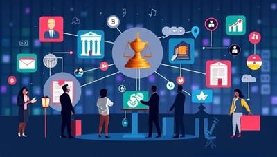 An illustrative graphic of a virtual marketplace with legal icons representing different legal services, freelance lawyers, and clients connecting and engaging in transactions, symbolizing the dynamic and efficient nature of the legal tech marketplace for freelance lawyers.