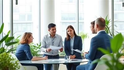 An image of a consultant discussing sustainable accounting strategies with a group of business professionals in a modern office setting, surrounded by plants and eco-friendly decor, symbolizing a focus on environmental responsibility and financial sustainability.