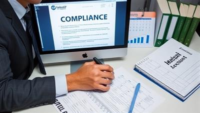 An image of a compliance officer reviewing legal documents and regulations on a desktop computer, surrounded by a checklist, a calendar, and legal binders, illustrating the meticulous nature of compliance monitoring.