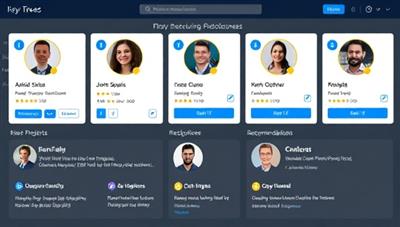 An interactive skill-based profile showcase on the platform featuring a diverse range of professionals highlighting their key skills, projects, and recommendations, illustrating the platform's innovative approach to talent recruitment and showcasing expertise.