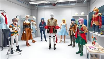 A virtual studio setting with digital mannequins showcasing elaborate cosplay costumes created by users, surrounded by virtual tools, fabrics, and design elements, offering a glimpse into the immersive and creative world of the virtual cosplay studio.