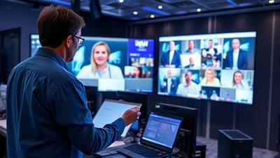 An image of a virtual event planner coordinating a virtual conference setup with multiple screens, technical equipment, and interactive elements, illustrating the behind-the-scenes coordination and expertise required for successful virtual events.