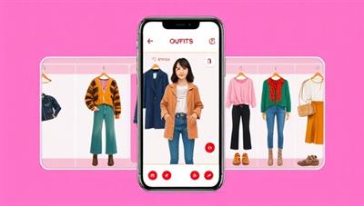 An engaging app interface showcasing a user trying on virtual outfits with a variety of styles, colors, and accessories, creating a virtual closet experience that is both fun and practical.
