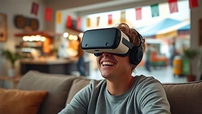 A cozy living room setup with a person wearing a VR headset, smiling and seemingly transported to a bustling marketplace in a foreign country, surrounded by virtual elements like a street vendor and colorful banners, evoking a sense of adventure and discovery.