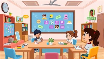 A colorful and playful virtual language classroom setting with cartoon characters, interactive language games, and engaging visual aids, creating a fun and immersive learning environment for kids.