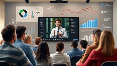A dynamic virtual webinar setting with a diverse group of participants engaging with a financial expert on a screen, surrounded by digital graphics representing financial concepts and charts, creating an interactive and informative learning experience.
