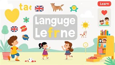 An engaging language learning platform interface with colorful illustrations, interactive games, and animated characters, creating a playful and educational space for young learners to explore new languages.