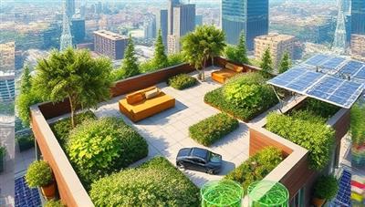 An artistic representation of a lush rooftop garden with a variety of plants, seating areas, and sustainable features like rainwater harvesting systems and solar panels, creating a green oasis in the midst of a bustling cityscape.