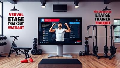 An energetic workout scene with a virtual trainer guiding users through exercises on a screen, surrounded by motivational quotes and fitness equipment, inspiring a sense of motivation and achievement.