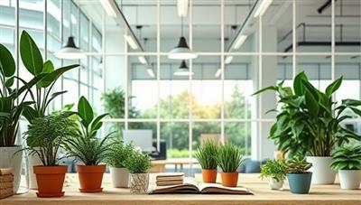 A visually compelling scene of a modern office space with eco-friendly elements like plants, recycled paper, and energy-efficient lighting, symbolizing sustainability and responsible business practices, creating a serene and environmentally conscious ambiance.