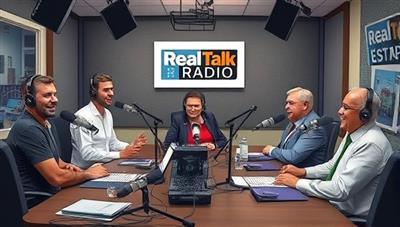 An artistic representation of a podcast studio setup with microphones, soundproofing panels, and recording equipment, featuring a diverse group of hosts and guests engaged in lively discussions about real estate topics, capturing the dynamic and informative nature of RealTalk Radio's podcast network.