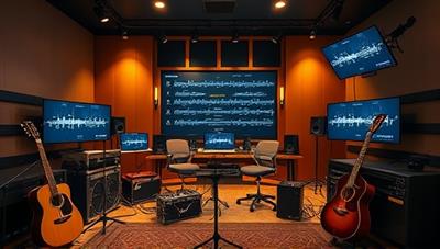 A virtual music studio environment with instruments, recording equipment, and digital screens displaying music notes and sound waves, symbolizing the fusion of technology and creativity in music mentorship and learning on MelodyMentors.