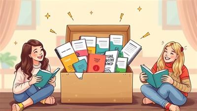 An artistic representation of a beautifully designed subscription box filled with financial tools, books, and resources, surrounded by happy subscribers engaging with the contents and learning about financial wellness, conveying a sense of empowerment and knowledge.
