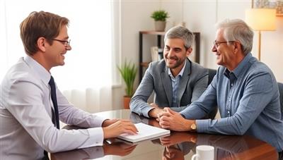 A professional insurance agent sitting at a desk, discussing policy options with a smiling couple, showcasing personalized service and trust-building in a cozy office setting.