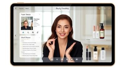 An elegant digital interface displaying a virtual beauty consultation session with a consultant discussing skincare routines, makeup tips, and product recommendations, creating a luxurious and personalized beauty experience.
