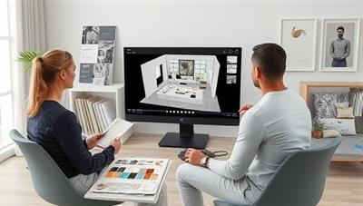 A digital rendering of a virtual interior design consultation session, featuring a designer presenting a 3D room layout to a client on a computer screen, surrounded by swatches, fabric samples, and decor options, illustrating a modern and interactive design experience.