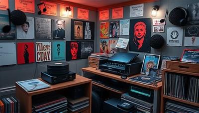 An immersive music environment featuring a cozy listening corner with vinyl records, a record player, headphones, music posters, and a collection of CDs, illuminated by soft ambient lighting and musical notes floating in the air, inviting viewers to discover and immerse themselves in the world of music.
