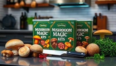 An enticing kitchen scene with Mushroom Magic Kits displayed on a sleek countertop, surrounded by freshly harvested exotic mushrooms in vibrant colors and textures, a chef's knife, and aromatic herbs, evoking the sensory experience and culinary potential of the product.
