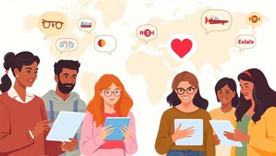A digital illustration depicting diverse individuals engaging in virtual language exchange sessions on their devices, with speech bubbles in different languages and cultural symbols in the background, fostering a vibrant and global learning community.