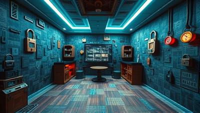 An immersive VR environment showcasing a digital escape room scenario with intricate puzzles, virtual locks, and hidden clues, illustrating the engaging and interactive nature of the VR Escape Rooms experience.