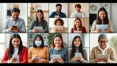 A diverse group of individuals engaged in a virtual language learning session, each interacting with the platform on their devices while smiling and actively participating in language exercises, emphasizing inclusivity and engagement.