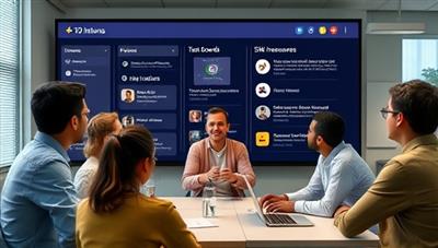 A virtual collaboration workspace showcasing interns and company representatives engaging in a project discussion, with task boards, progress trackers, and skill-building resources displayed on the screen, symbolizing hands-on experiential learning and skill development through micro-internships.