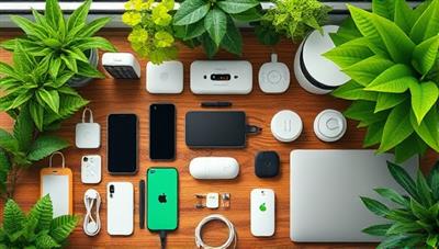 An array of sustainable tech gadgets neatly displayed on a wooden table, including solar-powered chargers, eco-friendly smart home devices, and energy-efficient laptops, surrounded by lush green plants, creating a harmonious blend of technology and nature.