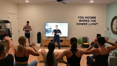 An energetic virtual training session with a coach leading a group workout through a video call, users following along from their homes with workout equipment, and motivational quotes displayed in the background, conveying a sense of community and empowerment.