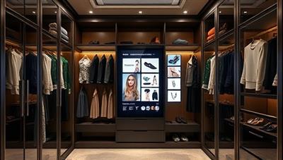 An elegant closet with a digital screen displaying outfit suggestions, fashion accessories, and style inspirations, creating a futuristic and personalized styling experience with StylistIQ.