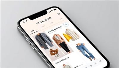 A sleek and modern smartphone screen displaying a virtual closet interface with AI-generated outfit suggestions, showcasing stylish clothing combinations and color palettes, appealing to fashion-forward individuals.