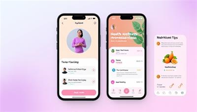 An interactive app interface showcasing personalized health and wellness recommendations, fitness tracking features, mindfulness exercises, and nutritional tips, creating a virtual wellness coach experience that prioritizes user well-being and engagement.