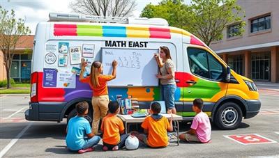 A vibrant and colorful math tutoring van parked in a schoolyard, with children and tutors engaged in interactive math lessons on the whiteboard, surrounded by math puzzles, textbooks, and learning aids, creating a mobile learning hub that is engaging and educational.