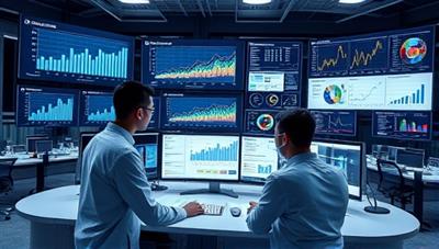 An analytical virtual workspace with data analysts examining graphs, charts, and reports on telecommunication trends, surrounded by screens displaying data visualization tools and communication dashboards, illustrating the service's focus on data-driven decision-making and insights.