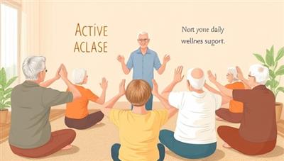 A heartwarming illustration of a group of seniors participating in a virtual fitness class led by a coach, demonstrating gentle stretches and exercises, with digital wellness trackers and motivational messages in the background, promoting active aging and community support through ForeverFit.