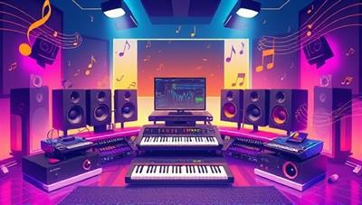 A dynamic digital illustration featuring a virtual music studio setup with electronic music equipment, MIDI controllers, and studio monitors, surrounded by musical notes and sound waves, creating a vibrant and immersive learning environment for music production enthusiasts.