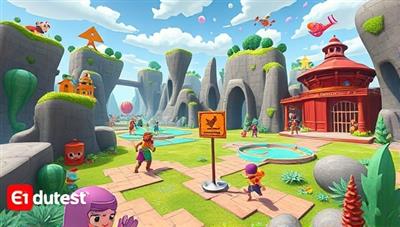 An adventurous virtual world with colorful characters, puzzles, and educational elements, inviting users to explore and learn in a gamified environment that sparks curiosity and creativity, representing the essence of EduQuest Adventures.