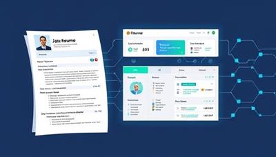 An illustration of a resume transforming into a digital AI-powered dashboard, analyzing keywords and formatting to optimize the content for increased visibility, showcasing the innovative resume enhancement process of AIResumeBoost.