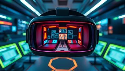 An exciting virtual reality headset displaying a futuristic escape room setting with digital puzzles and challenges, surrounded by a dynamic and immersive virtual environment, capturing the essence of the VR escape room experience.