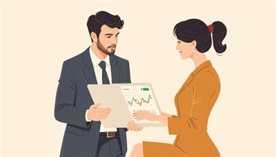 An elegant digital illustration of a financial planner assisting a client with a laptop displaying investment charts and financial data, symbolizing personalized financial guidance and planning services, conveying professionalism and trust in financial advice.