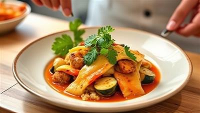 An appetizing image of a beautifully plated dish prepared during a virtual cooking class, showcasing culinary expertise and creativity, enticing viewers to join the culinary journey offered by the platform.
