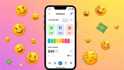 An engaging app interface showcasing a colorful dashboard with savings goals, spending insights, and a progress tracker, surrounded by happy emojis and money icons to convey financial success and joy.