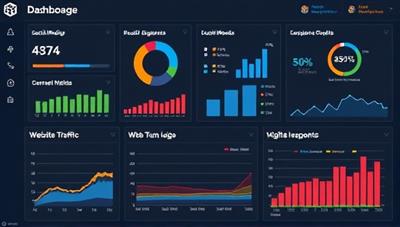 A digital marketing dashboard displaying real-time campaign metrics, social media engagement data, and website traffic analytics, illustrating the power of data-driven digital marketing strategies.