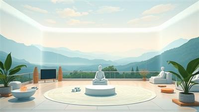 An immersive digital illustration of a virtual wellness retreat environment, featuring serene landscapes, tranquil meditation spaces, and rejuvenating activities displayed on a digital platform, creating a sense of calm and relaxation for participants, symbolizing inner peace and well-being.