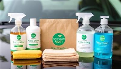 An eco-friendly car wash kit featuring biodegradable cleaning products, reusable microfiber cloths, and waterless washing solutions, highlighting the sustainability and convenience of GreenGleam Wash's subscription service.