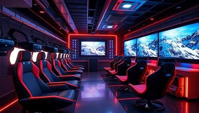 A futuristic gaming lounge with glowing VR headsets hanging on racks, futuristic gaming chairs, and screens displaying different virtual worlds, creating an immersive and exciting atmosphere.