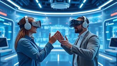 An immersive virtual reality scene showing two people interacting in a futuristic digital environment, wearing VR headsets and engaging in a virtual conversation, highlighting the innovative communication experience of TeleportVR.